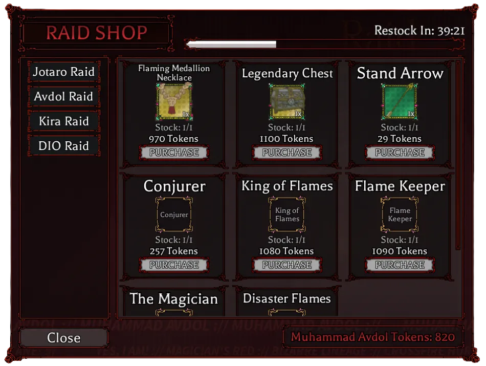 Avdol Raid Shop items and prices