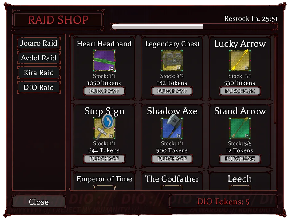 DIO Raid Shop items and prices