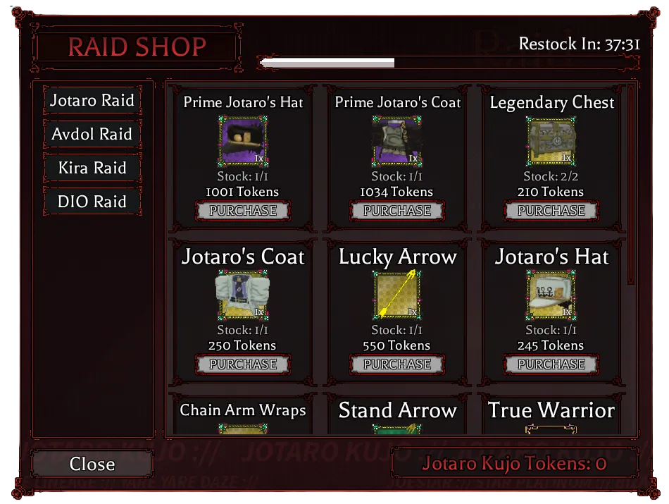 Jotaro Raid Shop items and prices