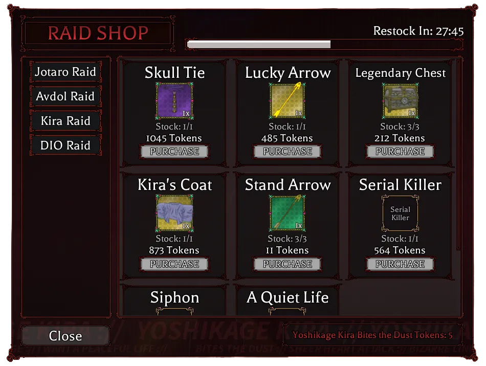 Kira Raid Shop items and prices